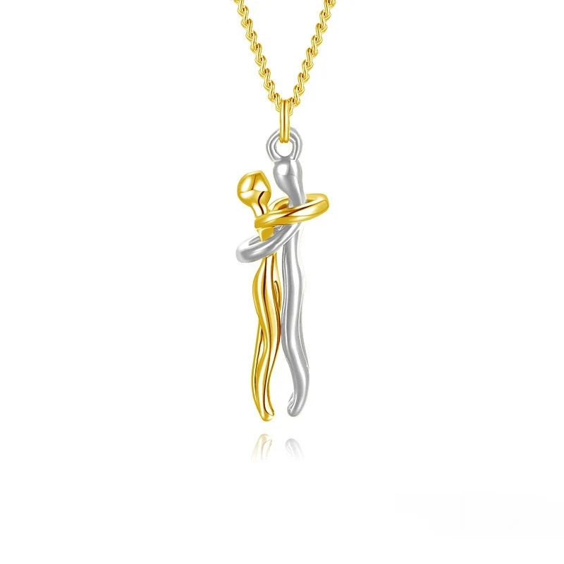 Affectionate Hug Necklace for couples, brass pendant with snake bone chain