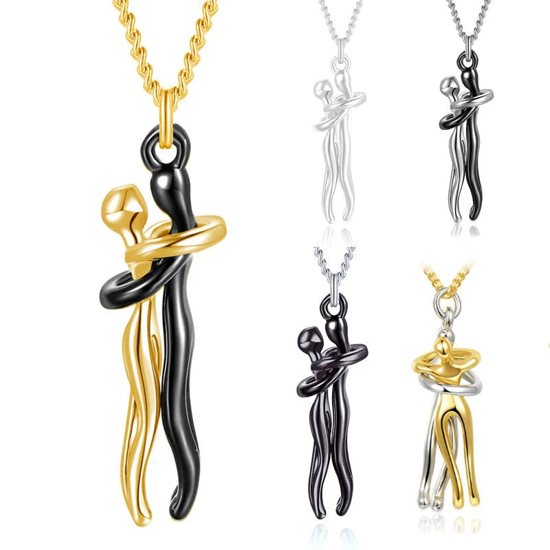Affectionate Hug Necklace for couples, brass pendant with snake bone chain
