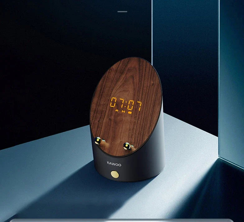 Sleek wooden wireless speaker with induction charging, digital alarm clock, and Bluetooth 5.0 connectivity