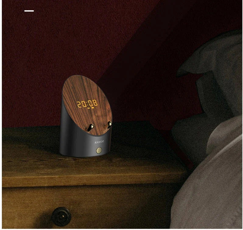 Sleek wooden wireless speaker with induction charging, digital alarm clock, and Bluetooth 5.0 connectivity