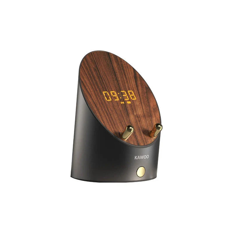 Sleek wooden wireless speaker with induction charging, digital alarm clock, and Bluetooth 5.0 connectivity