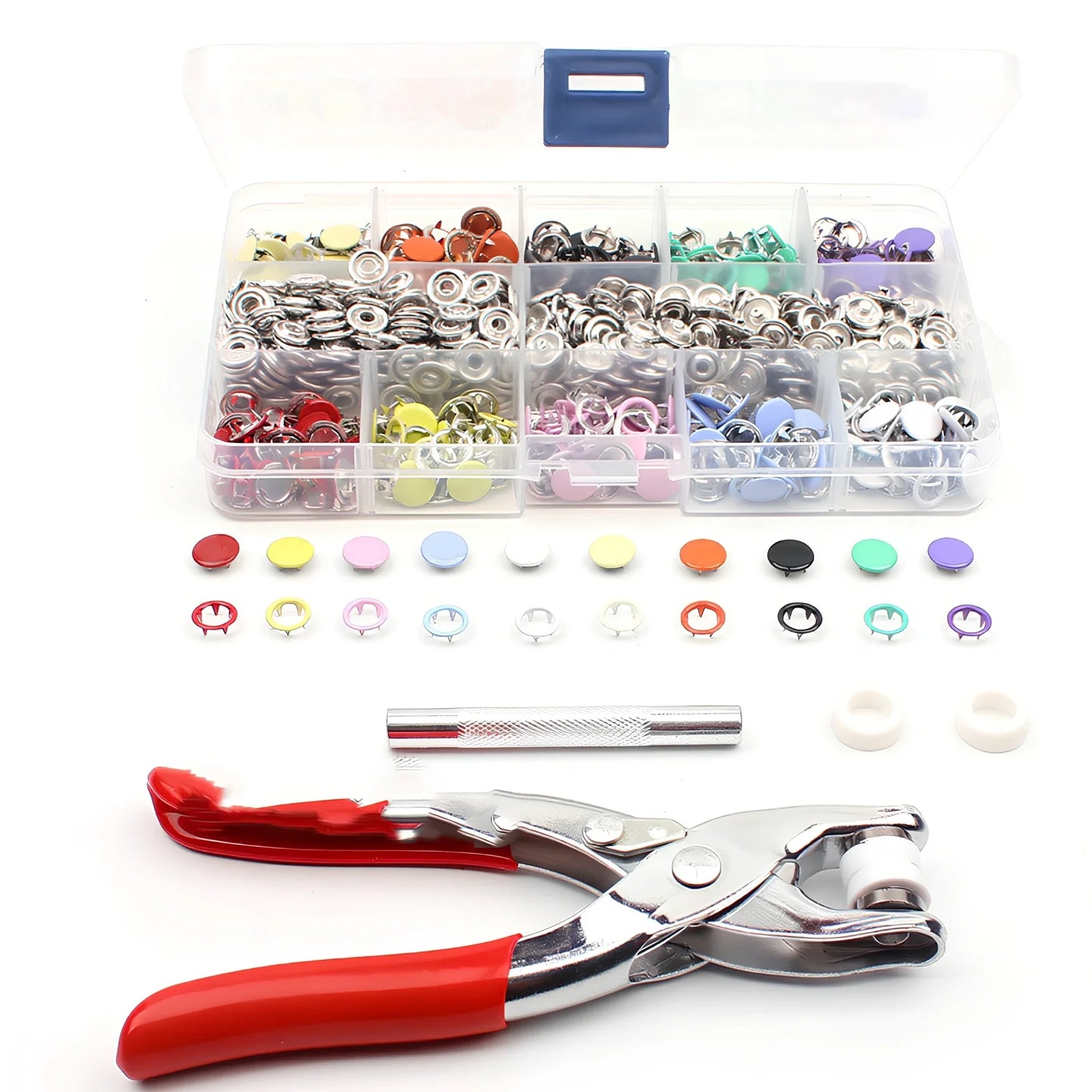 9.5mm hollow brass five prong snap buttons and hand pliers for clothing repairs, round shape with hemming edge