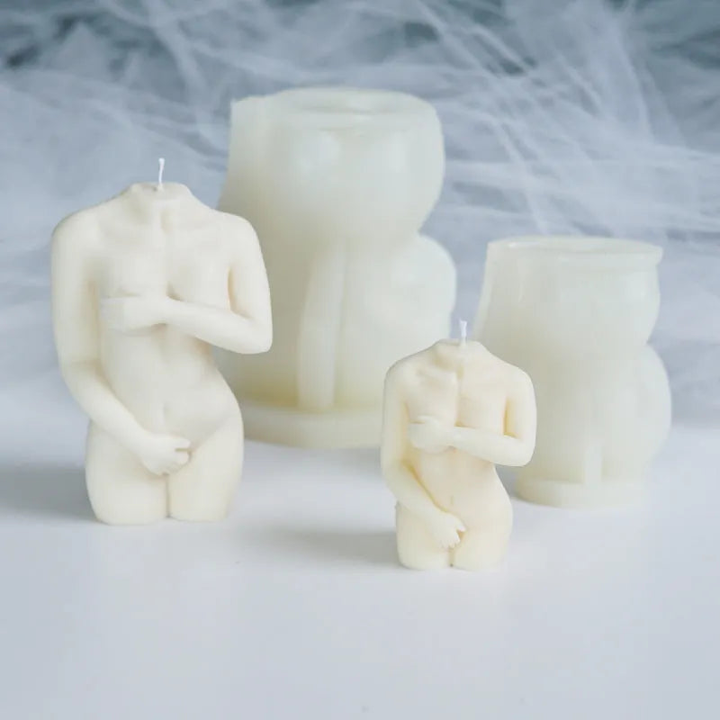 Silicone shy female body candle mould showing three different pose options for crafting