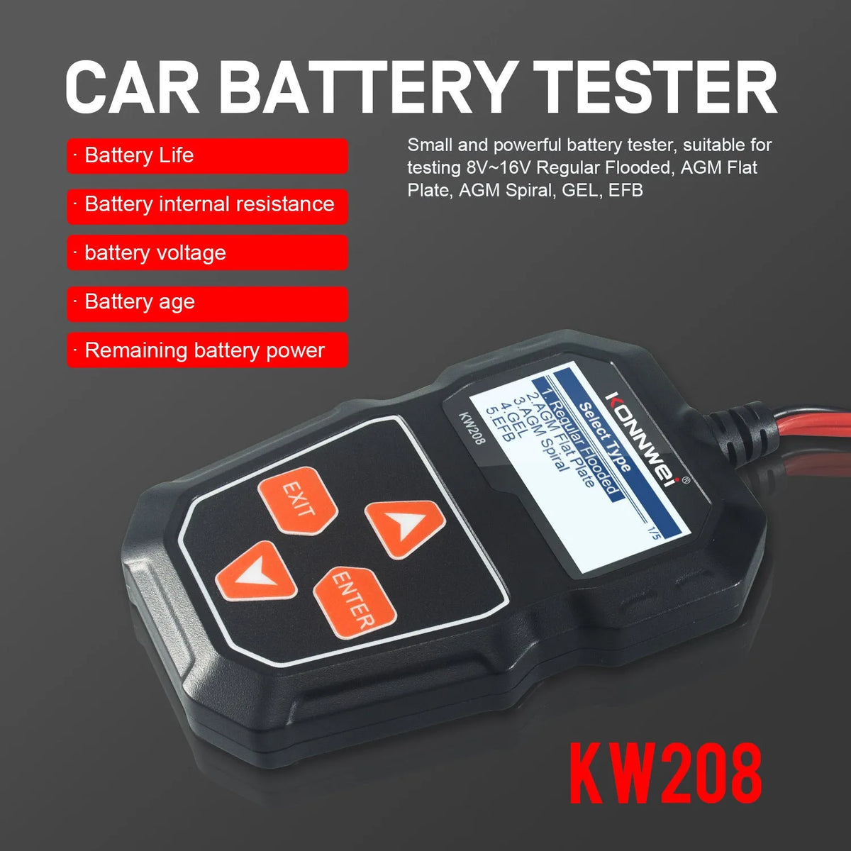 KONNWEI KW208 black car battery resistance tester with display and test leads on a white background