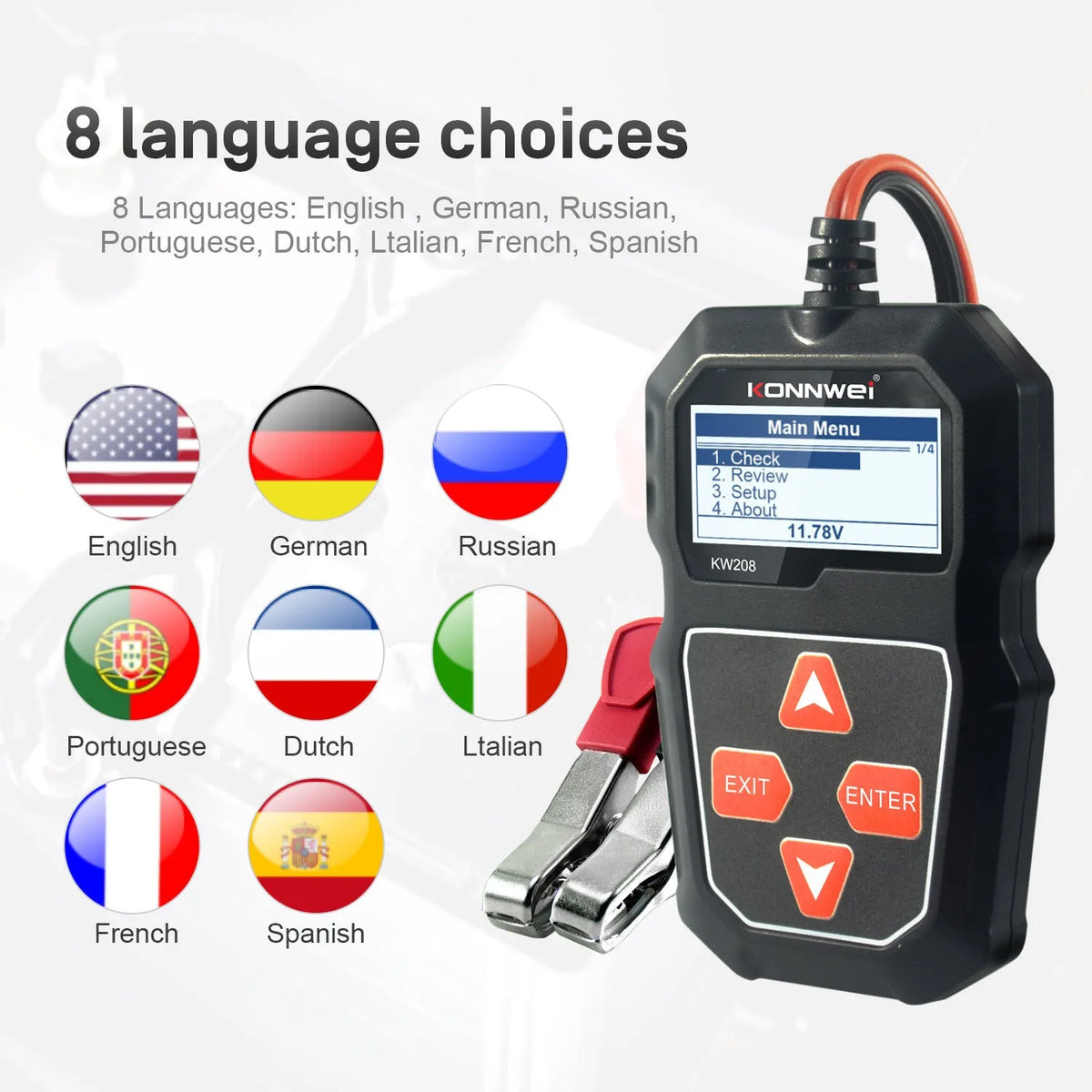 KONNWEI KW208 black car battery resistance tester with display and test leads on a white background