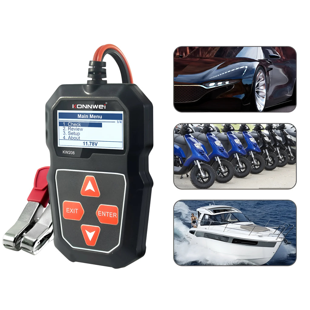 KONNWEI KW208 black car battery resistance tester with display and test leads on a white background