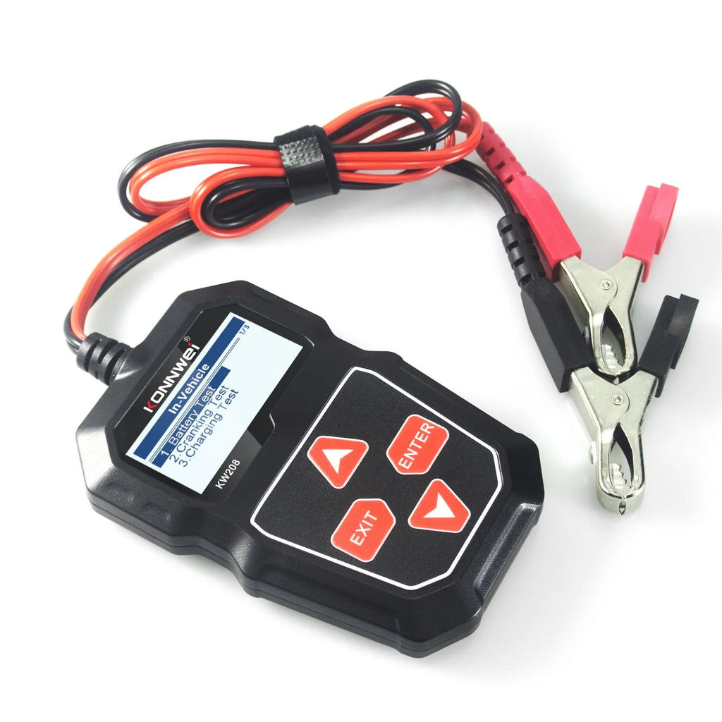 KONNWEI KW208 black car battery resistance tester with display and test leads on a white background