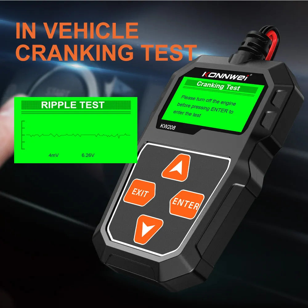 KONNWEI KW208 black car battery resistance tester with display and test leads on a white background
