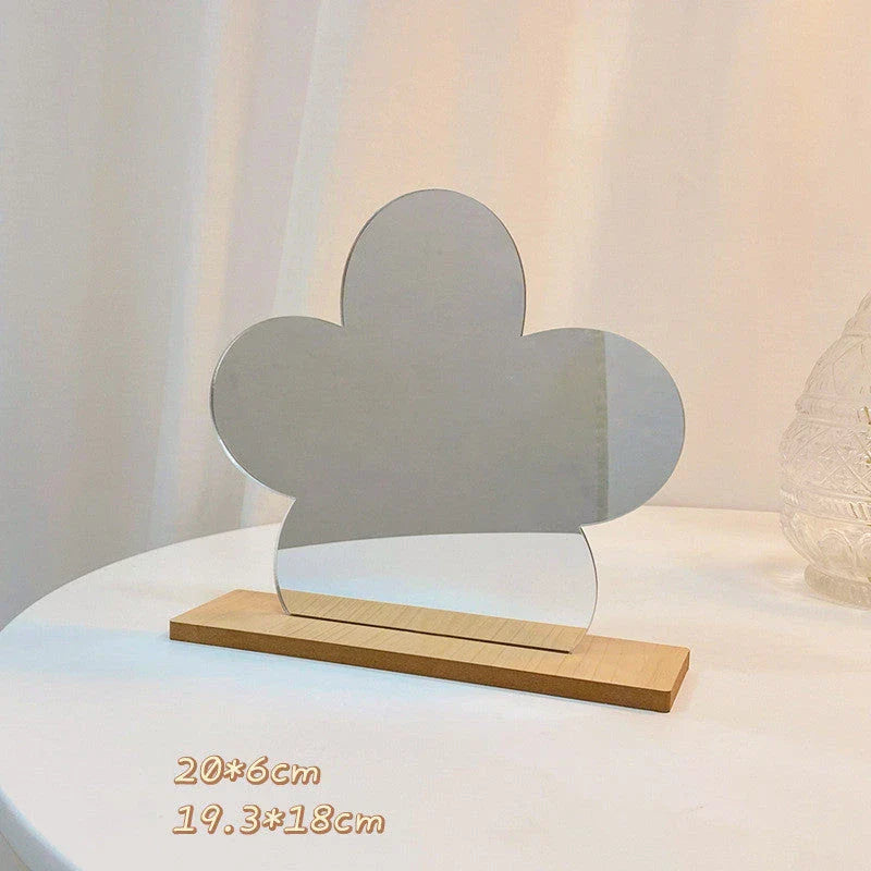 Irregular acrylic makeup mirror with wooden base in various designs