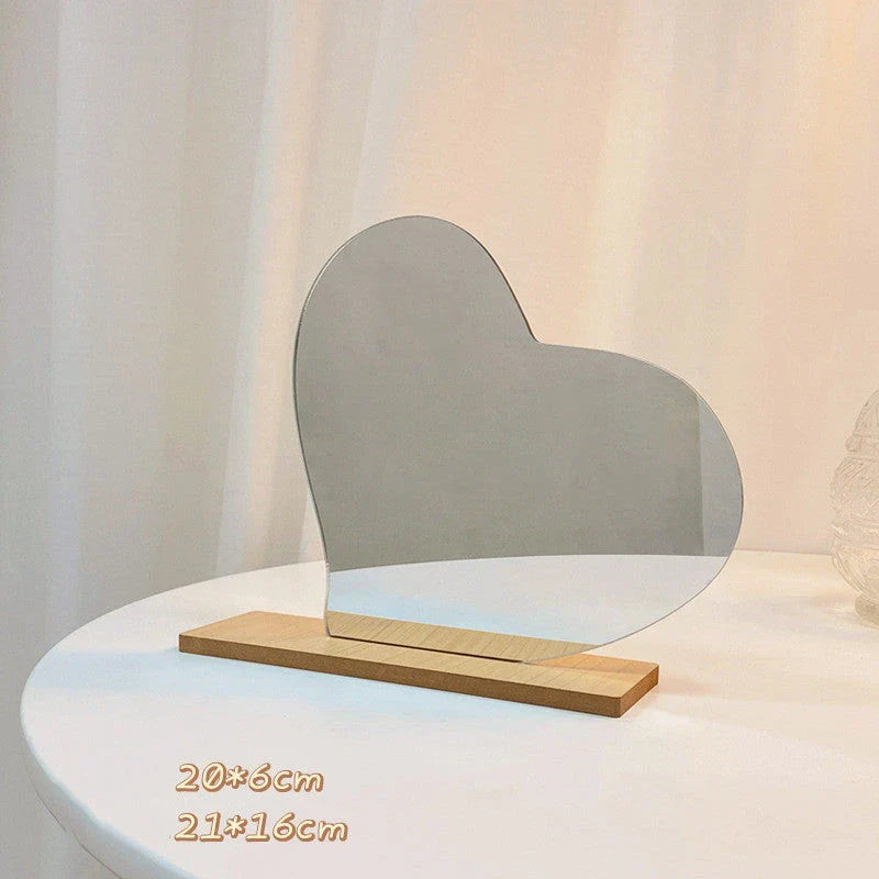 Irregular acrylic makeup mirror with wooden base in various designs