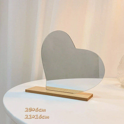 Irregular acrylic makeup mirror with wooden base in various designs