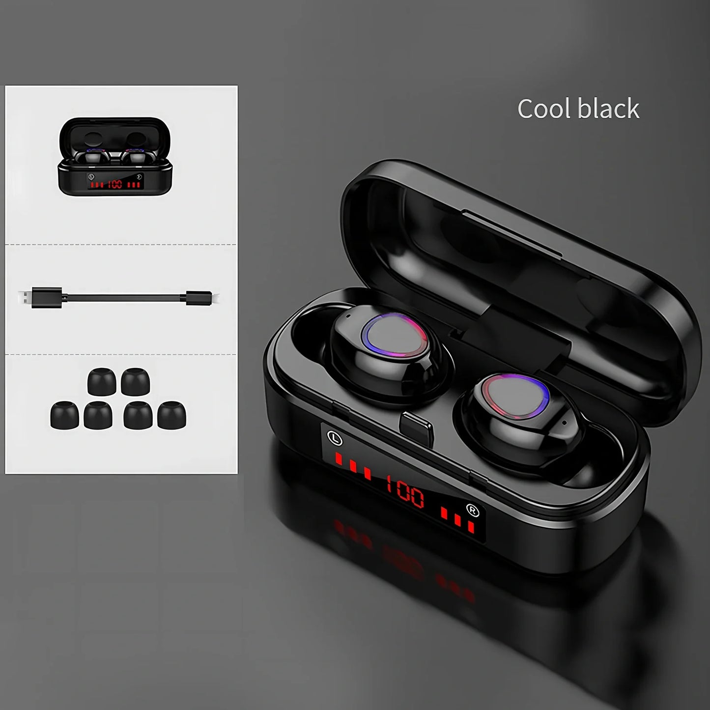 Wireless Bluetooth 5.0 TWS earbuds in V7 LED button version with charging box and ear caps