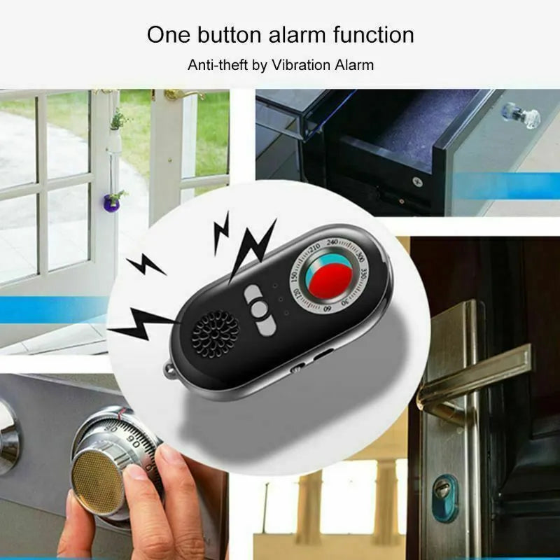 Black wireless signal detector anti-theft alarm showing compact size next to a ruler.
