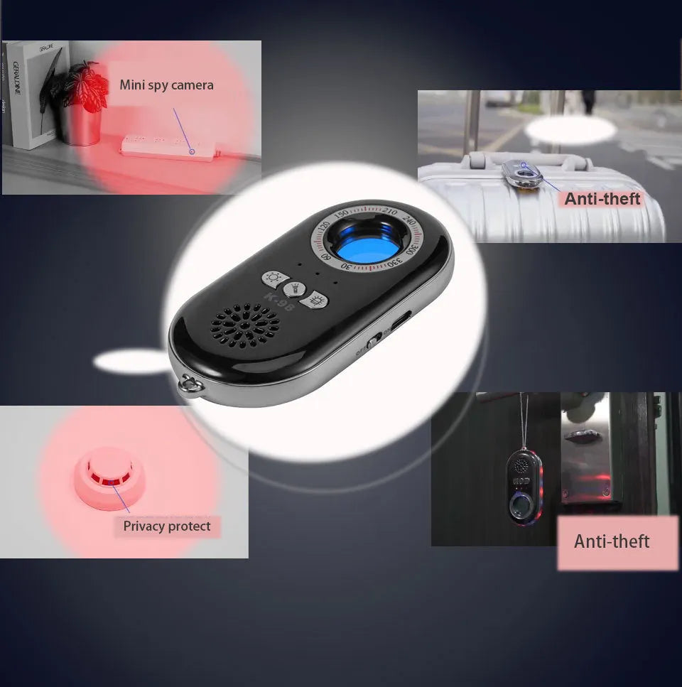 Black wireless signal detector anti-theft alarm showing compact size next to a ruler.