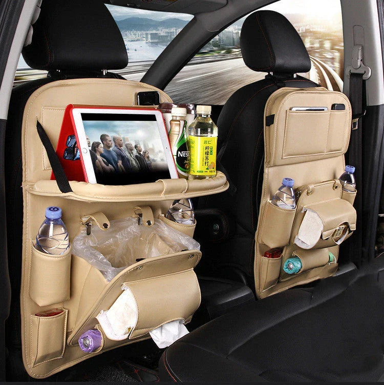 Stylish PU leather car storage organizer with multiple pockets, built-in trash can, and available in various colors to match your vehicle's interior