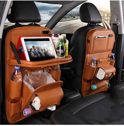 Stylish PU leather car storage organizer with multiple pockets, built-in trash can, and available in various colors to match your vehicle's interior