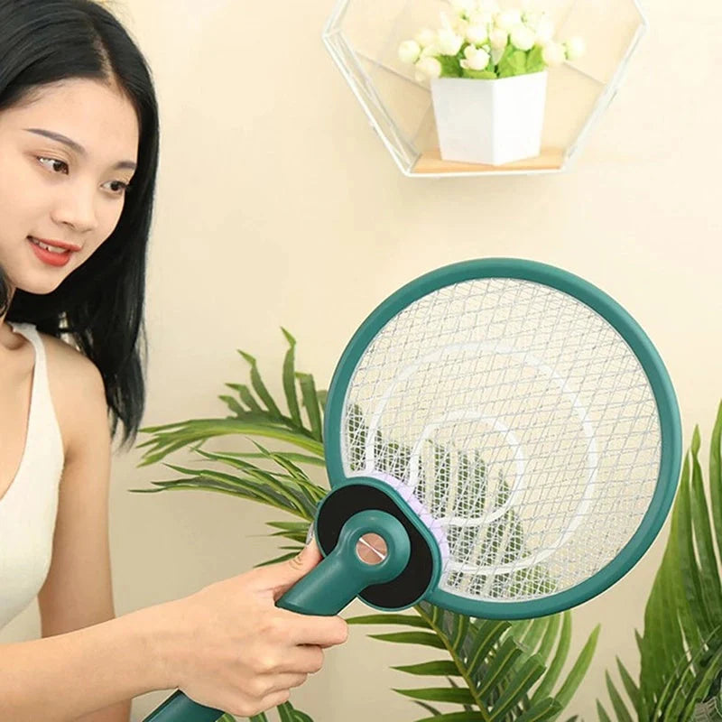 Dual-mode electric mosquito swatter in green and blue, foldable design with USB charging