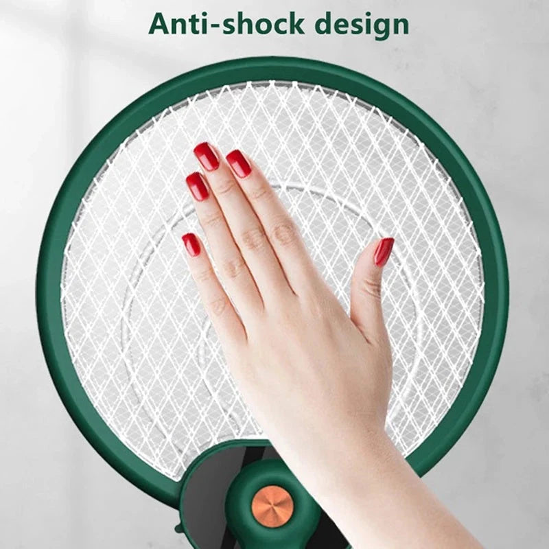 Dual-mode electric mosquito swatter in green and blue, foldable design with USB charging