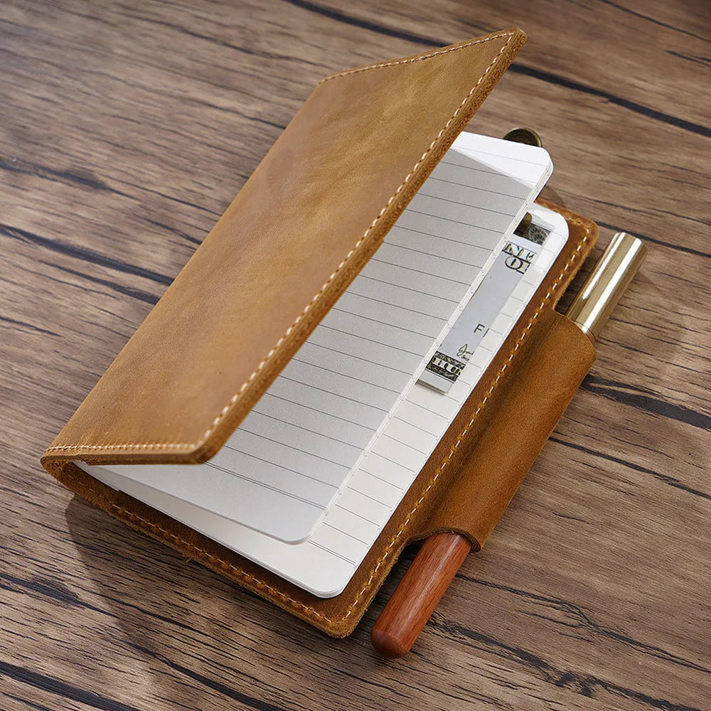Crazy Horse Yellow Brown leather notebook A6 size open showing blank pages