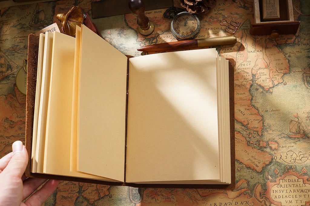 Crazy Horse Yellow Brown leather notebook A6 size open showing blank pages