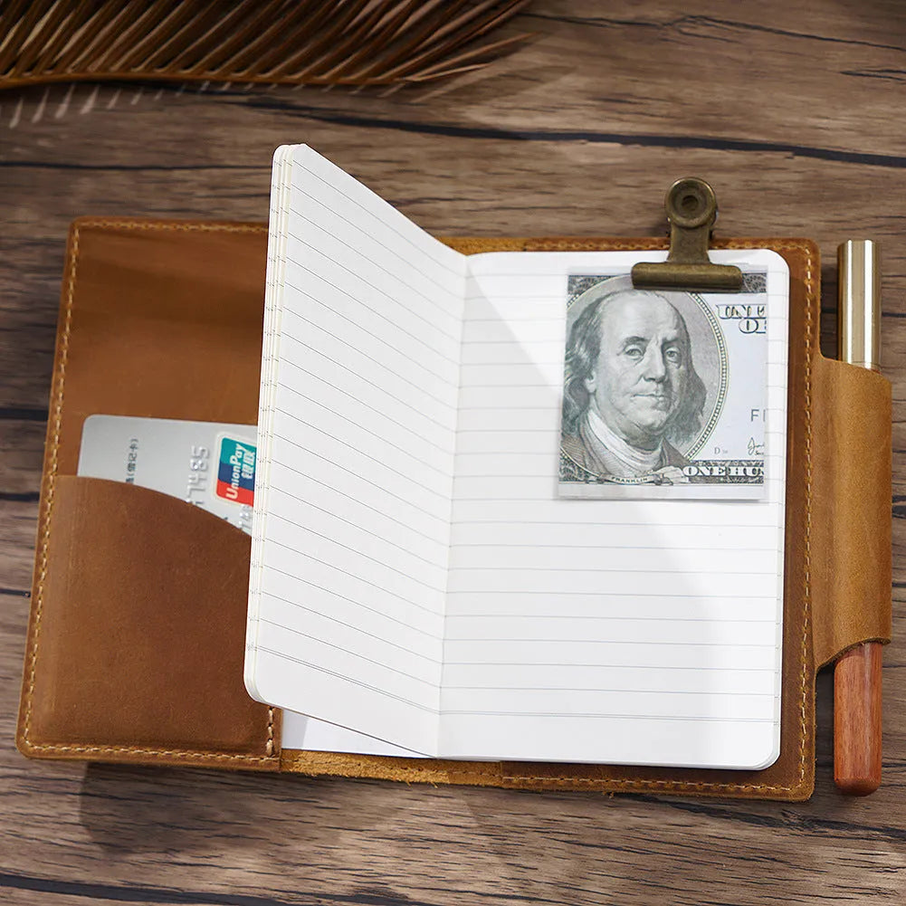 Crazy Horse Yellow Brown leather notebook A6 size open showing blank pages
