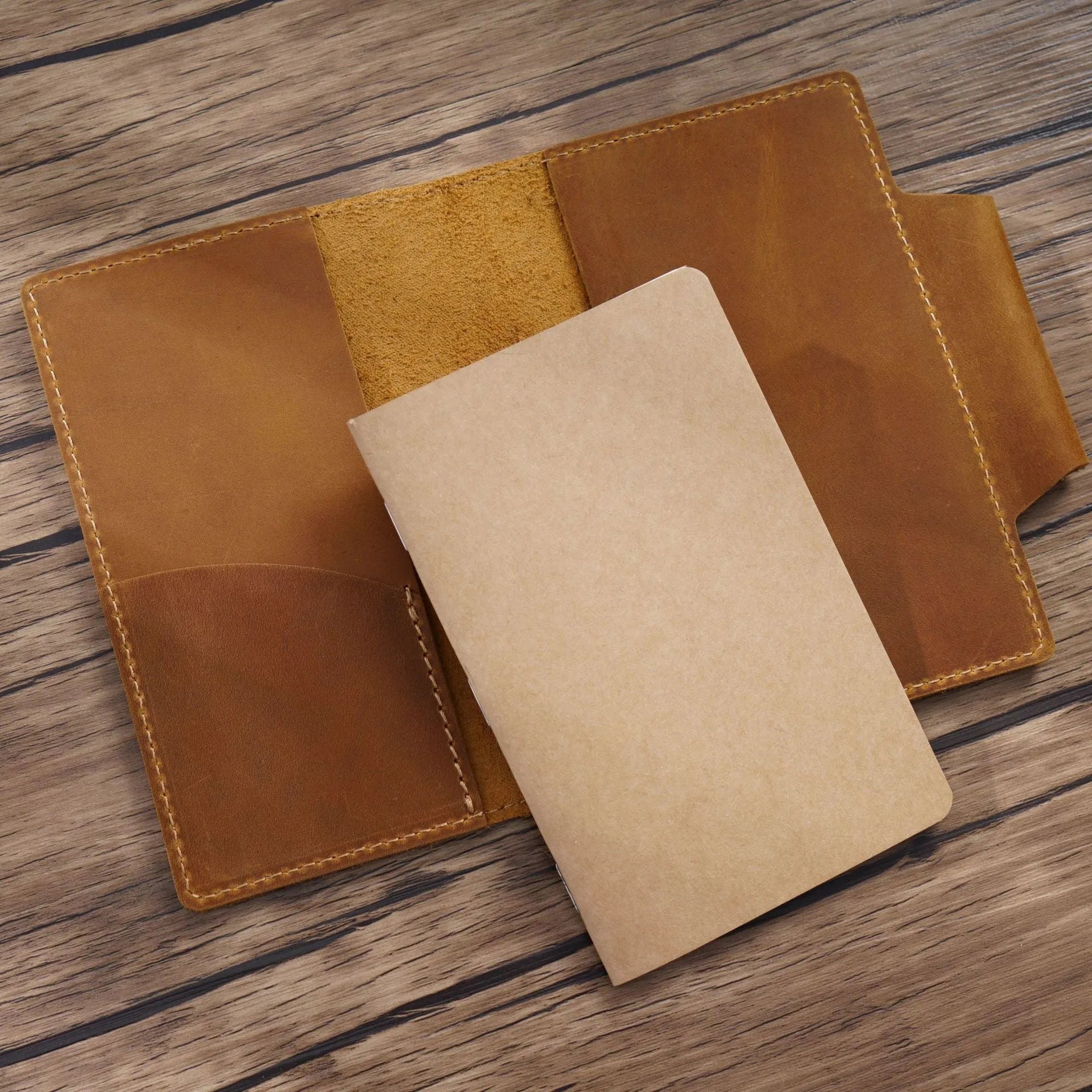 Crazy Horse Yellow Brown leather notebook A6 size open showing blank pages