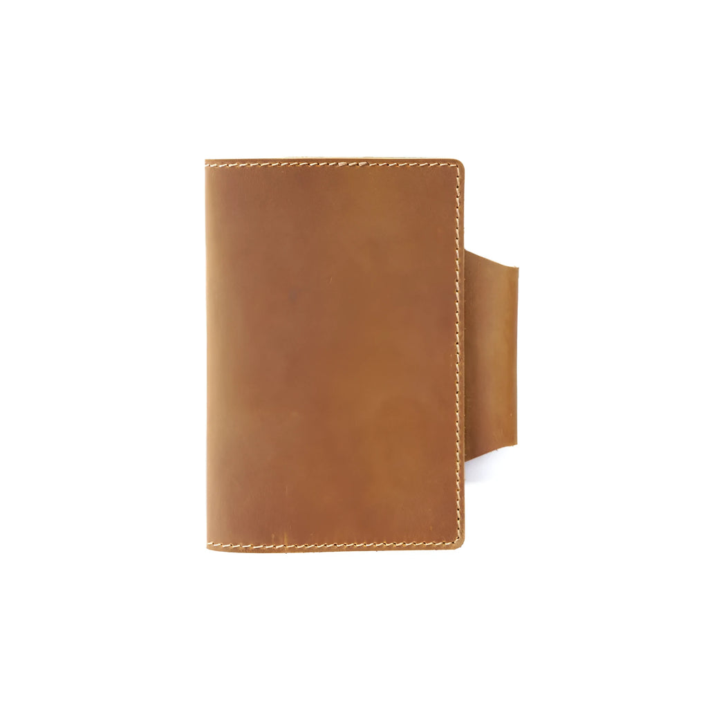 Crazy Horse Yellow Brown leather notebook A6 size open showing blank pages