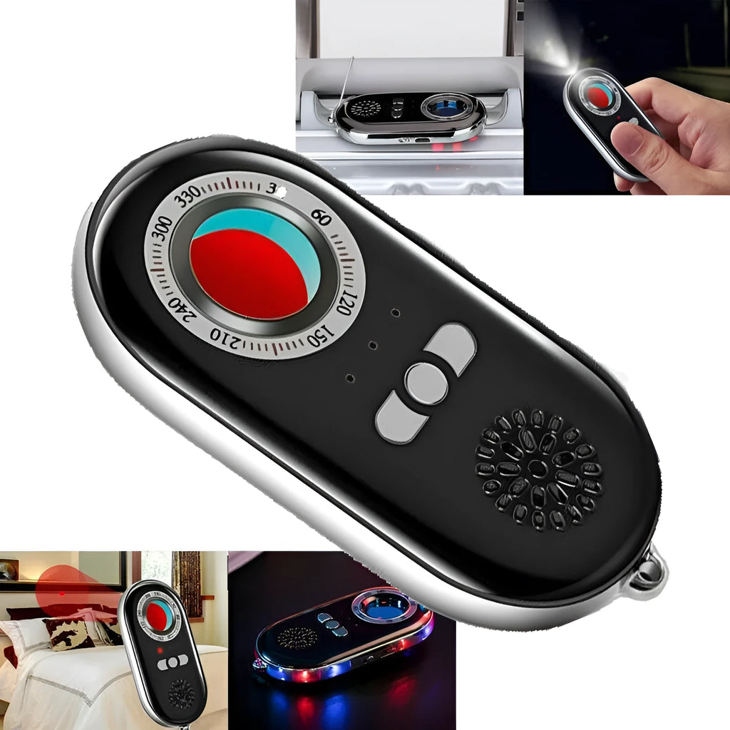 Black wireless signal detector anti-theft alarm showing compact size next to a ruler.