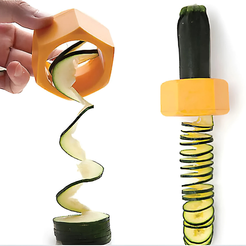 Yellow or green ABS plastic spiral vegetable cutter for creating julienne strips from cucumbers