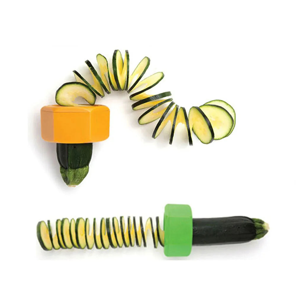 Yellow or green ABS plastic spiral vegetable cutter for creating julienne strips from cucumbers