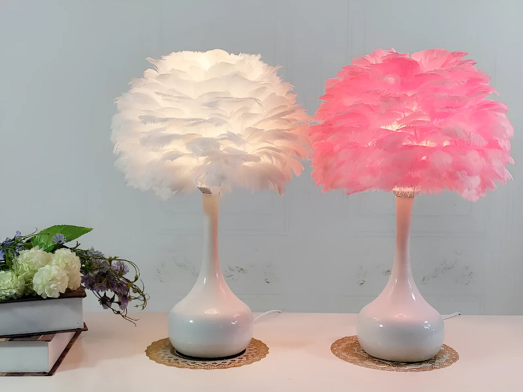Natural white goose feather touch dimmer table lamp with metal base, grey colour, on bedside table