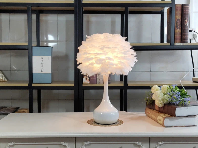 Feather table lamp with touch dimming and natural white goose feather shade