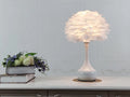 Natural white goose feather touch dimmer table lamp with metal base, grey colour, on bedside table