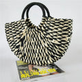 Women's rattan woven half-round handbag with open top, natural straw texture, large capacity