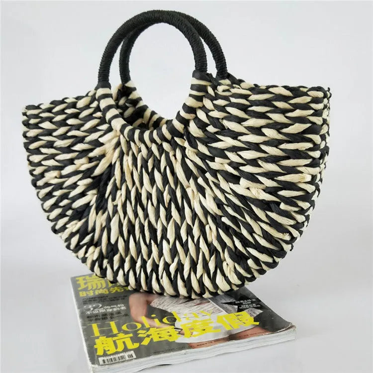 Women's rattan woven half-round handbag with open top, natural straw texture, large capacity