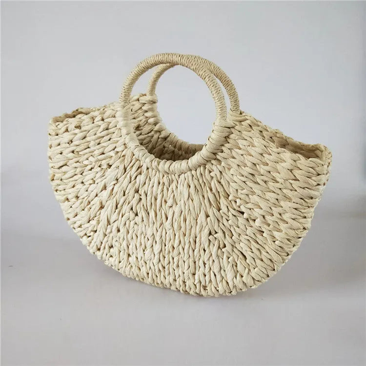 Women's rattan woven half-round handbag with open top, natural straw texture, large capacity