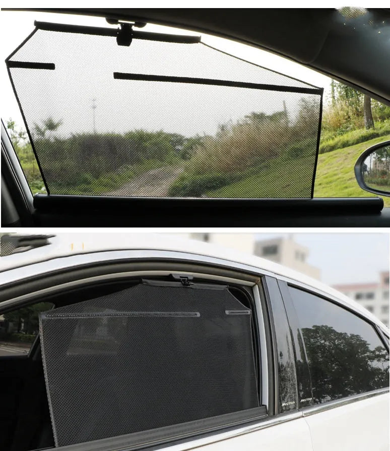 Auto retractable transparent polyester fibre sunshade curtain installed on car window, lifting with glass