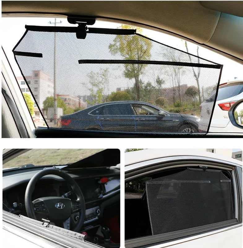 Auto retractable transparent polyester fibre sunshade curtain installed on car window, lifting with glass