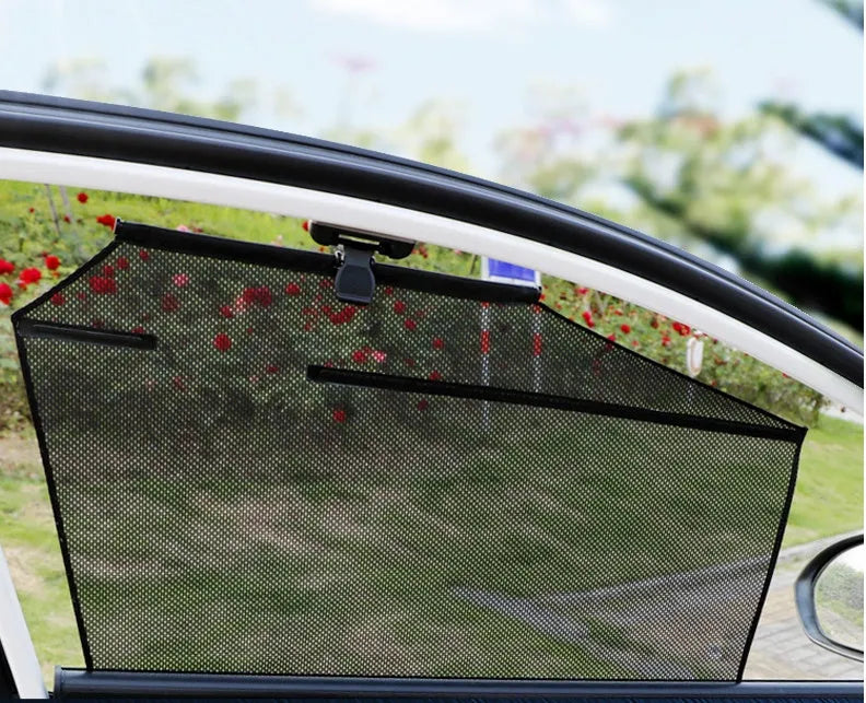 Auto retractable transparent polyester fibre sunshade curtain installed on car window, lifting with glass
