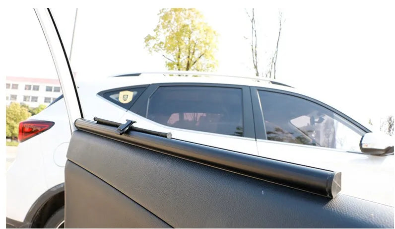 Auto retractable transparent polyester fibre sunshade curtain installed on car window, lifting with glass