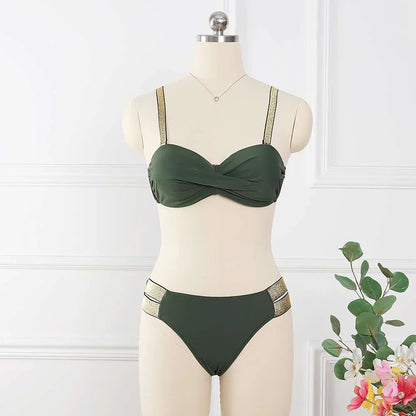 Stylish and sexy bandeau bikini sets for women in a variety of solid colors including white, red, green, black, purple, wine red, and army green.