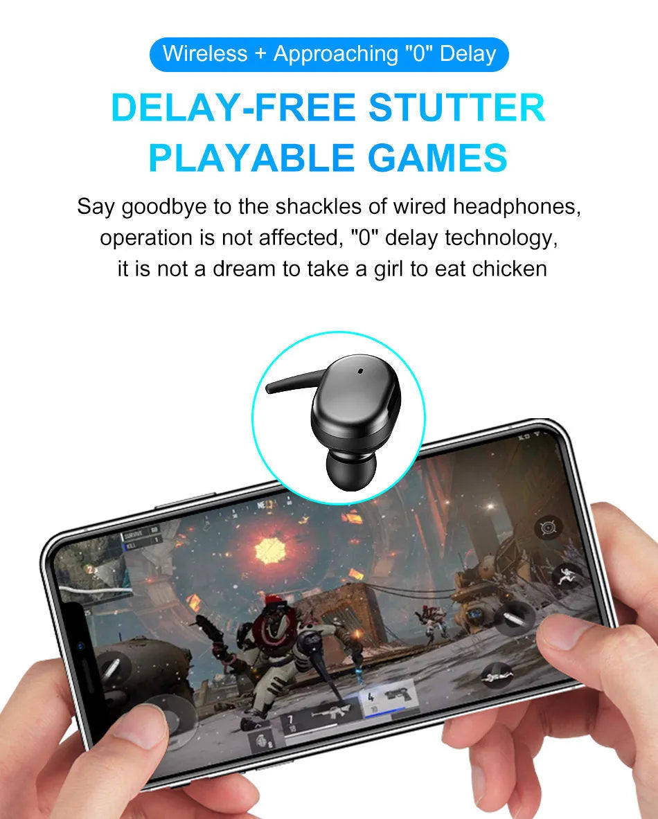 Wireless Bluetooth headset with Bluetooth 5.0 binaural stereo earbuds, black, touch controls and voice call function