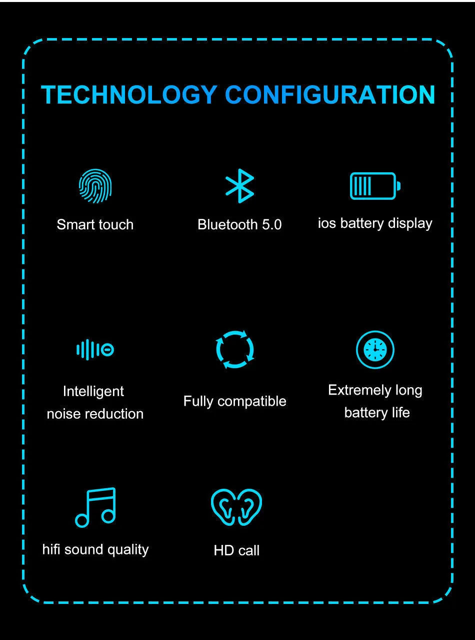 Wireless Bluetooth headset with Bluetooth 5.0 binaural stereo earbuds, black, touch controls and voice call function