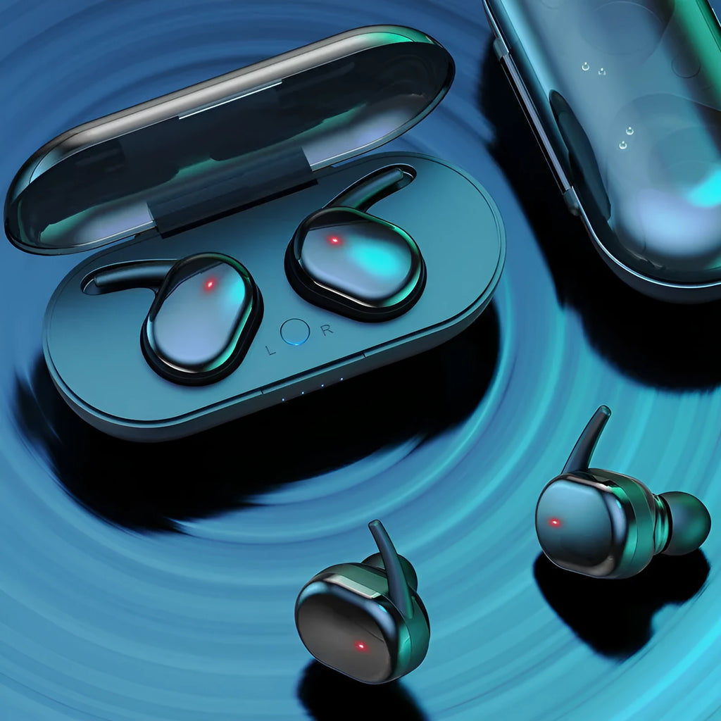 Wireless Bluetooth headset with Bluetooth 5.0 binaural stereo earbuds, black, touch controls and voice call function
