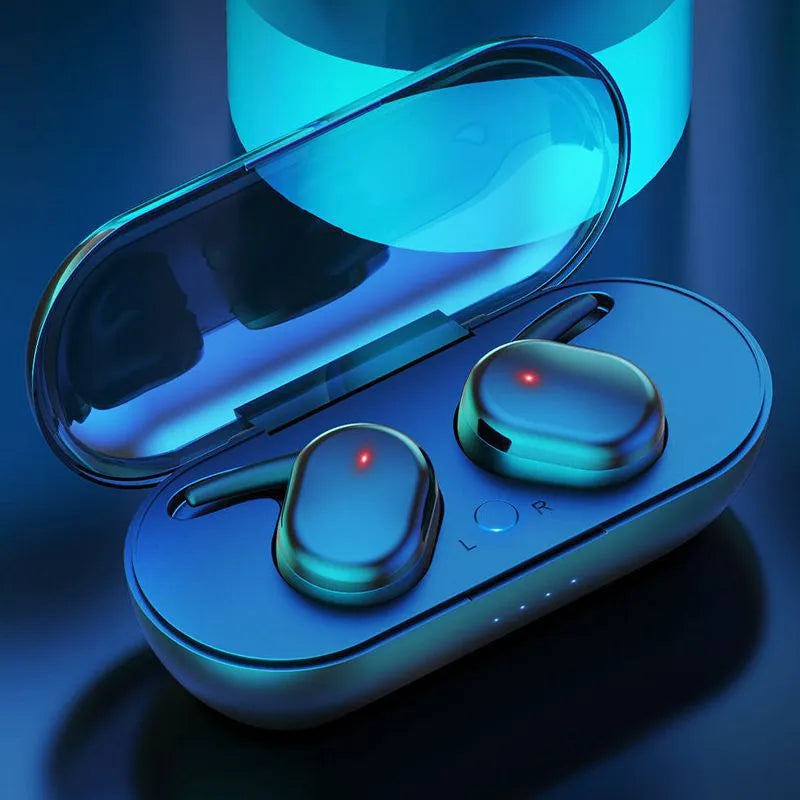 Wireless Bluetooth headset with Bluetooth 5.0 binaural stereo earbuds, black, touch controls and voice call function