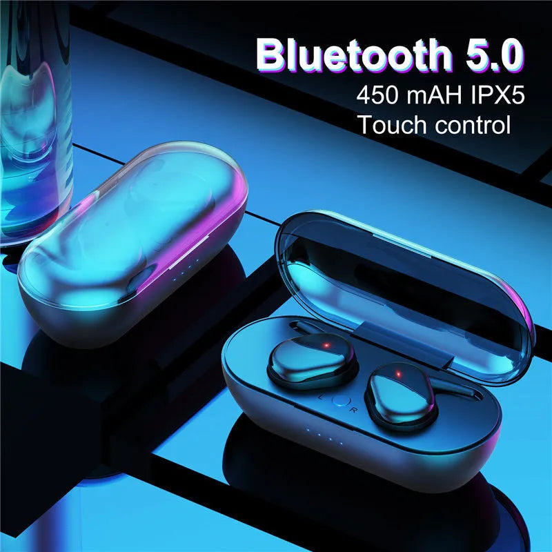 Wireless Bluetooth headset with Bluetooth 5.0 binaural stereo earbuds, black, touch controls and voice call function