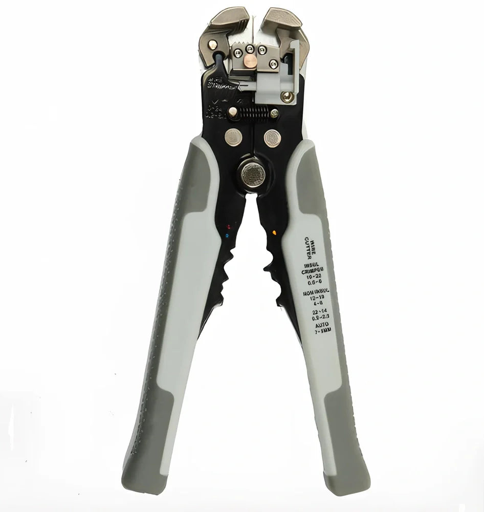 Yellow 3-in-1 automatic wire stripper crimper cutter tool, 21cm long, for 10-24 AWG wires with adjustment screw