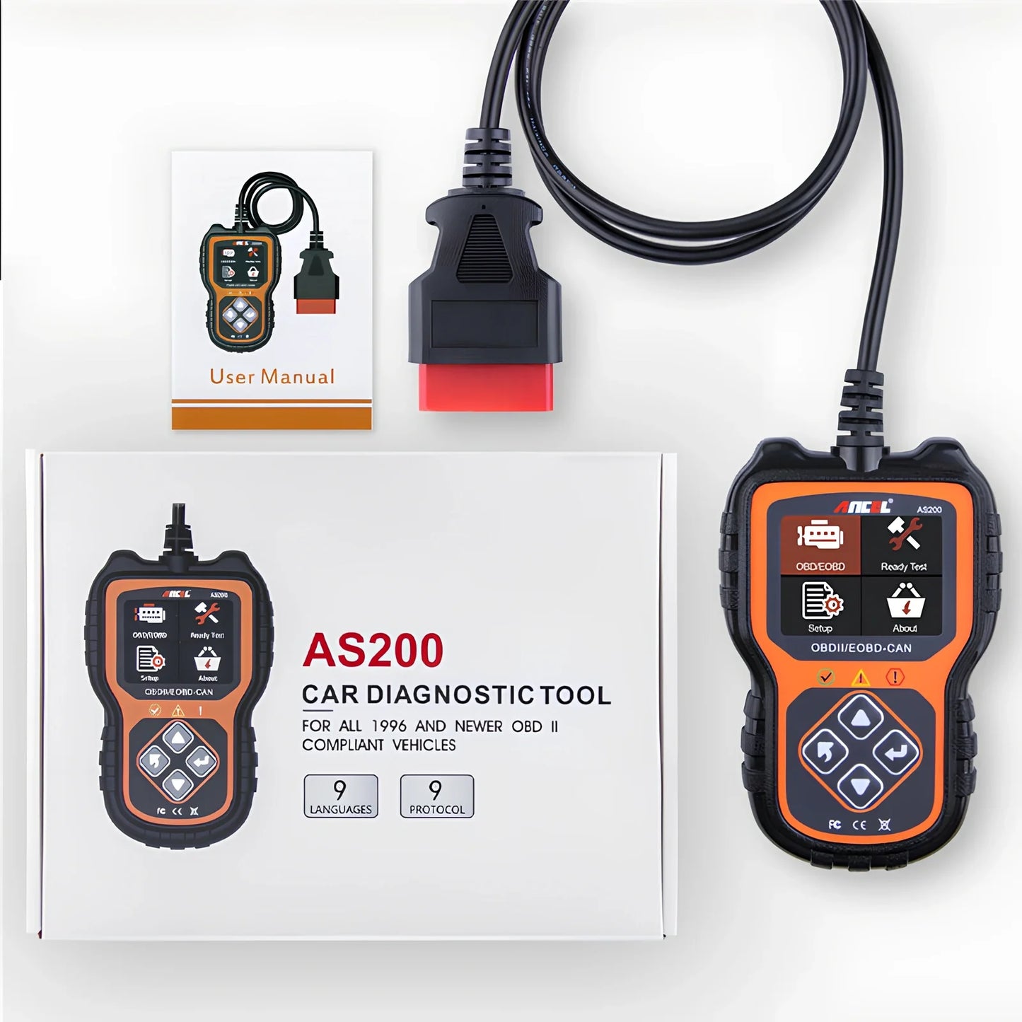 Ancel AS200 black OBD2 diagnostic scanner with 2.8-inch screen connected to vehicle port