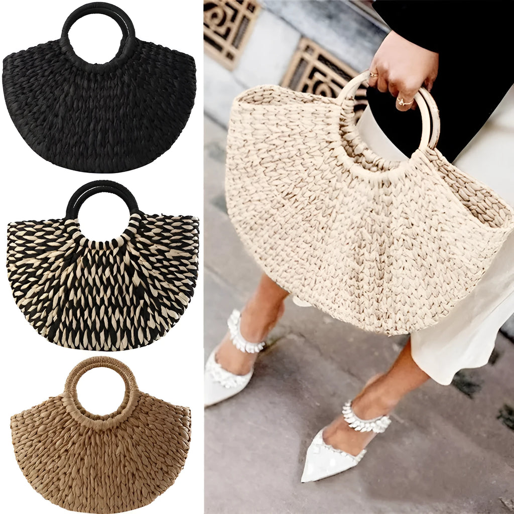 Women's rattan woven half-round handbag with open top, natural straw texture, large capacity