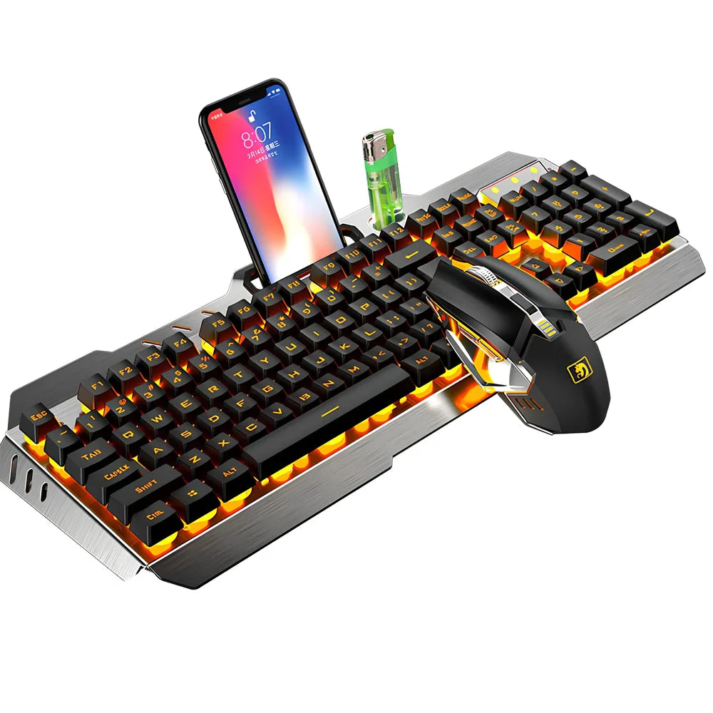 Xinmeng 670 wireless charging keyboard and mouse set in black orange luminous with 2400 DPI and waterproof features